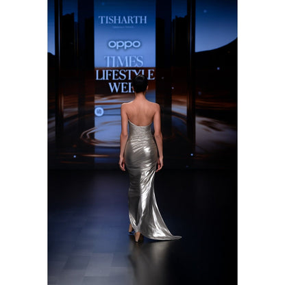 TISHARTH BY SHIVANI Silver Foil Lycra Draped Gown
