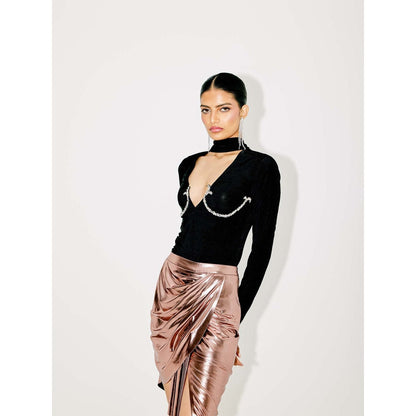 TISHARTH BY SHIVANI Black Plunge Neck Top with Draped Skirt