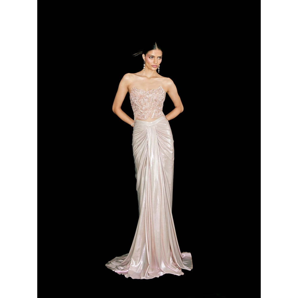 TISHARTH BY SHIVANI Rose Gold Corset Top with Draped Skirt and Stole