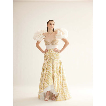 TISHARTH BY SHIVANI Gold High-Low Gown with Draped Shoulders