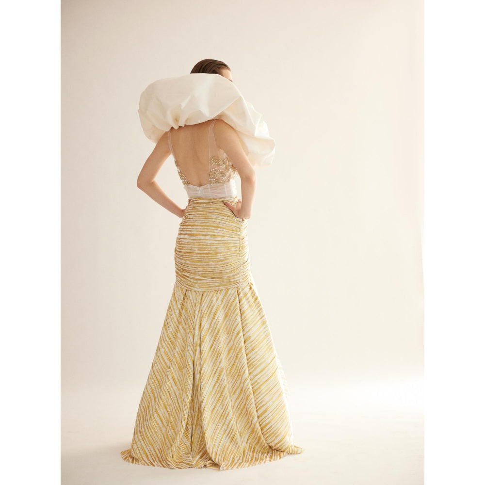 TISHARTH BY SHIVANI Gold High-Low Gown with Draped Shoulders