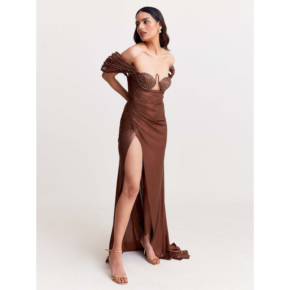 TISHARTH BY SHIVANI Brown Shimmer Gown