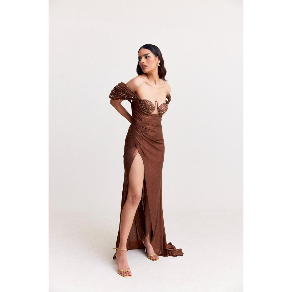 TISHARTH BY SHIVANI Brown Shimmer Gown