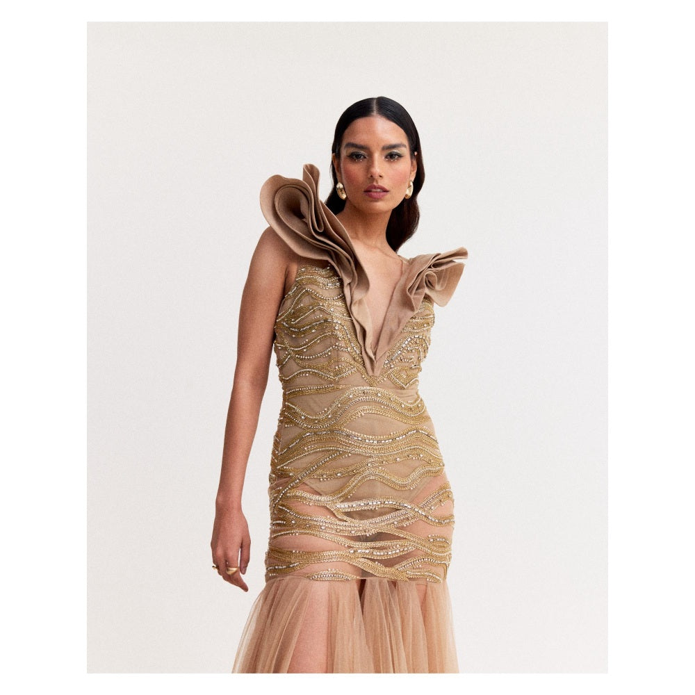 TISHARTH BY SHIVANI Beige Embroidered Tulle Gown with Ruffle Neckline