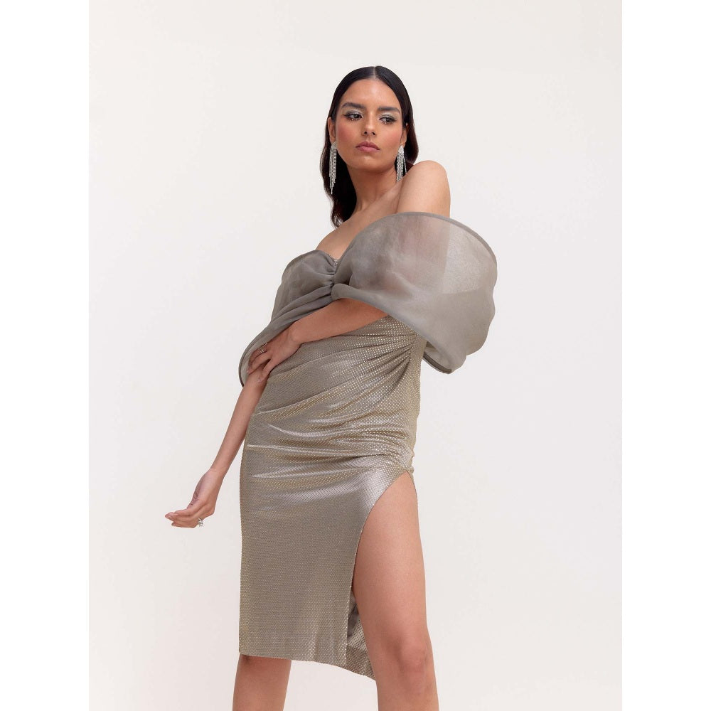 TISHARTH BY SHIVANI Sage Grey Studded Knee Length Dress with Organza Bow Off Shoulder