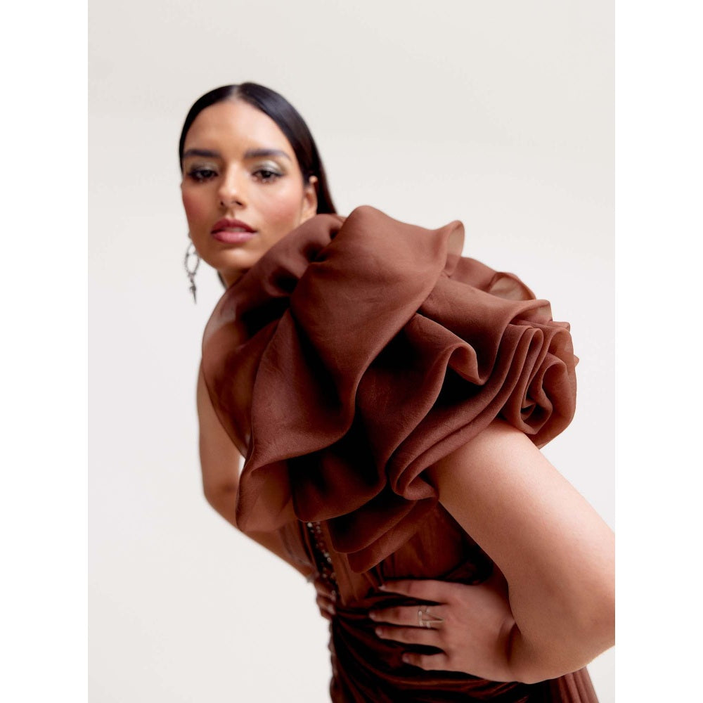 TISHARTH BY SHIVANI Metallic Brown Draped Shorts Dress with Organza Shoulder Ruffle