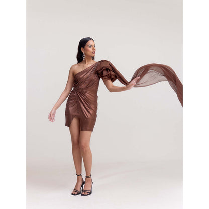 TISHARTH BY SHIVANI Metallic Brown Draped Shorts Dress with Organza Shoulder Ruffle