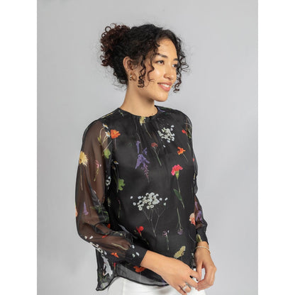 Torsha Black Printed Front Button Opening Top