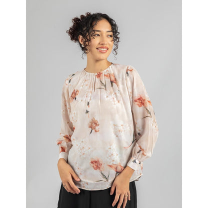 Torsha Beige Printed Front Button Opening Top