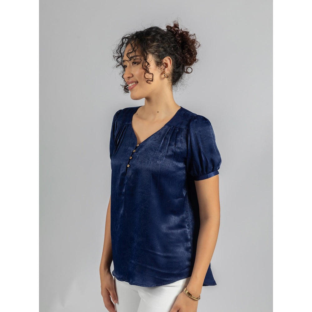 Torsha Navy Blue Satin Velvet Top