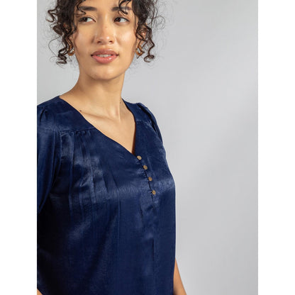 Torsha Navy Blue Satin Velvet Top