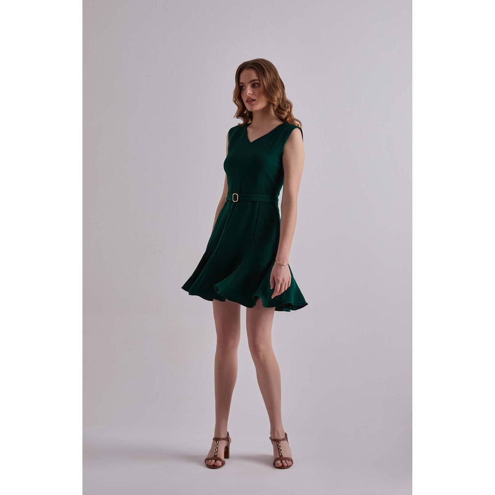 Torsha Green Polyester Emerald Daze Mini Dress with Belt for Women