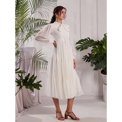 Torsha White Georgette Pearl Blossom Dress for Women