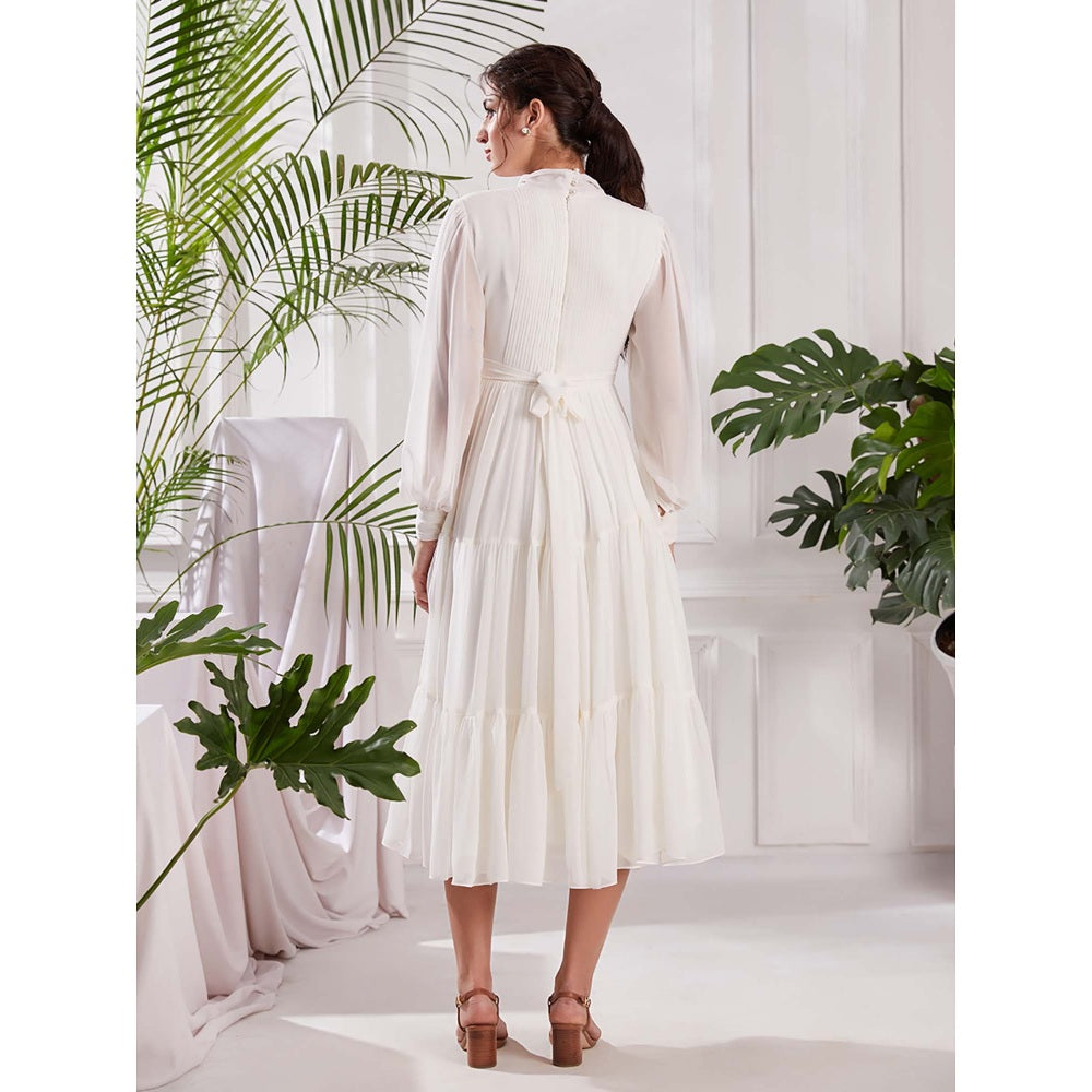 Torsha White Georgette Pearl Blossom Dress for Women