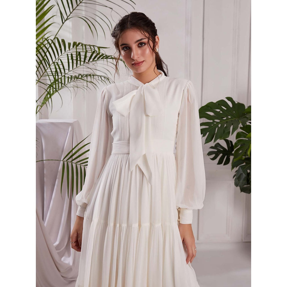 Torsha White Georgette Pearl Blossom Dress for Women