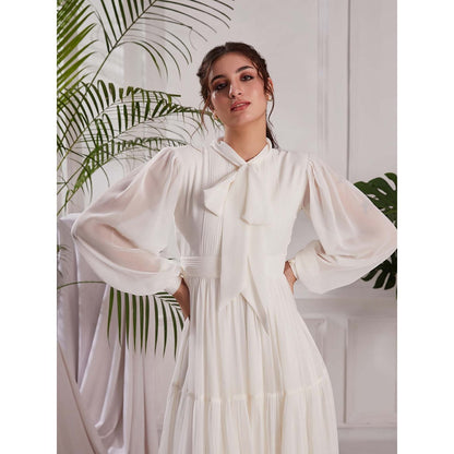 Torsha White Georgette Pearl Blossom Dress for Women