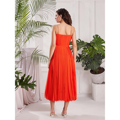 Torsha Orange Crush Midi Georgette Dress for Women