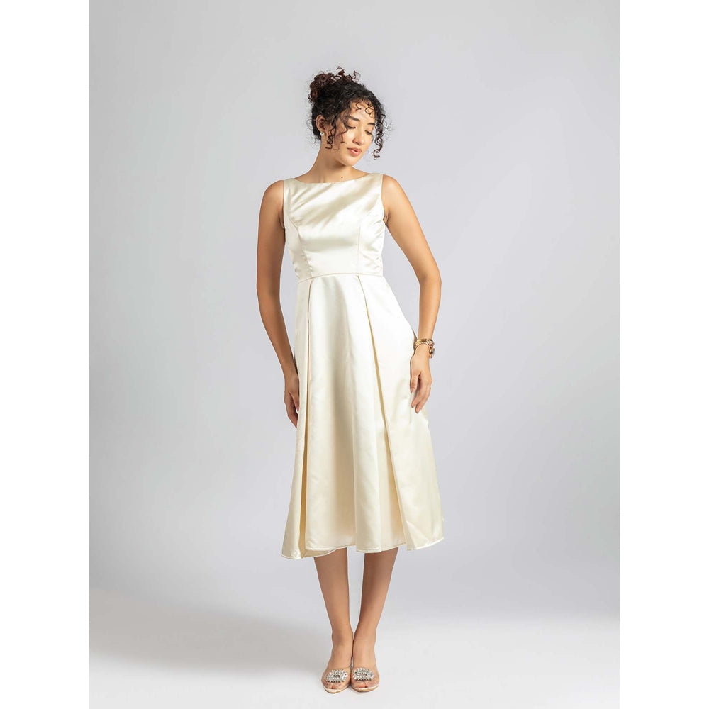 Torsha Off White Satin Pearl Midi Dress