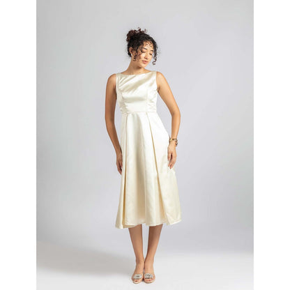 Torsha Off White Satin Pearl Midi Dress