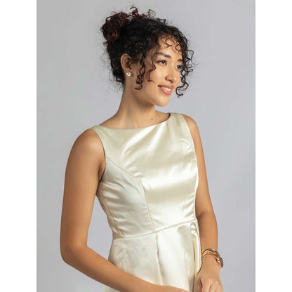 Torsha Off White Satin Pearl Midi Dress