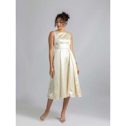 Torsha Off White Satin Pearl Midi Dress
