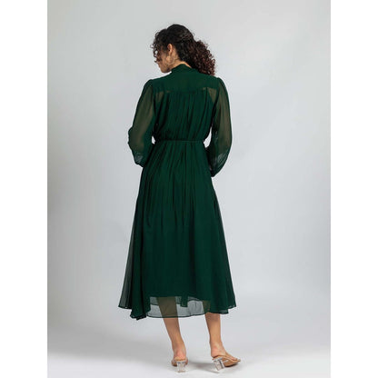 Torsha Green Bow and Flared Dress with Inner and Belt