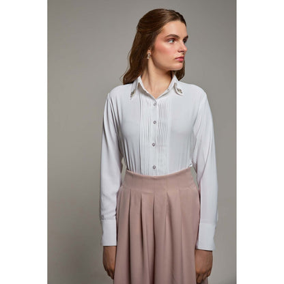 Torsha White Polyester Midnight Bloom Shirt for Women