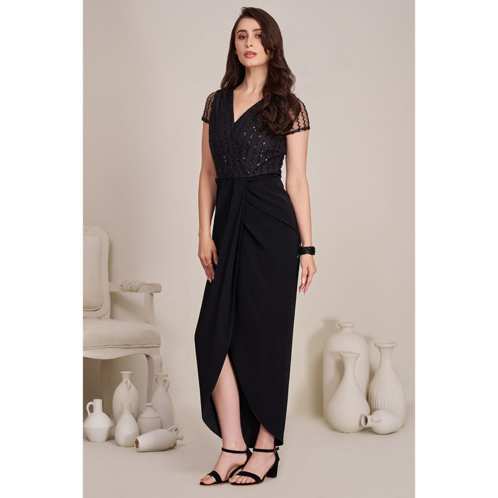 Torsha Womens Black Embellished Wrap Dress