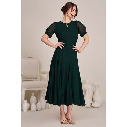 Torsha Womens Green Fit and Flare Midi Dress