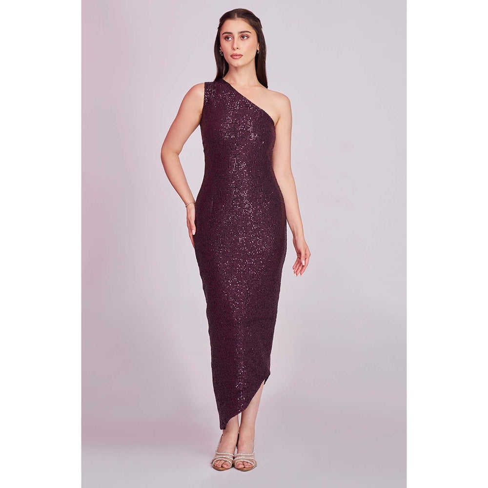 Torsha Womens Wine One Shoulder Sequins Dress
