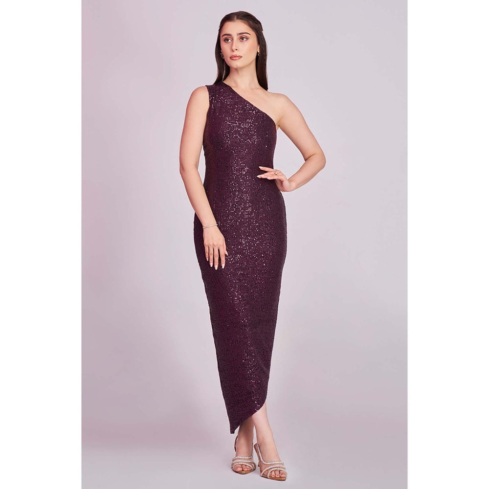 Torsha Womens Wine One Shoulder Sequins Dress