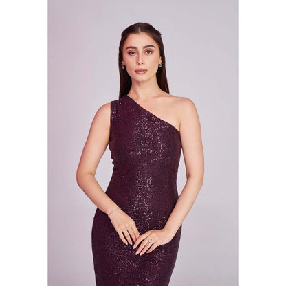 Torsha Womens Wine One Shoulder Sequins Dress