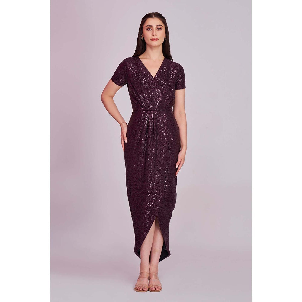 Torsha Womens Wine V-Neck Sequins Dress