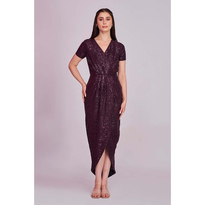 Torsha Womens Wine V-Neck Sequins Dress