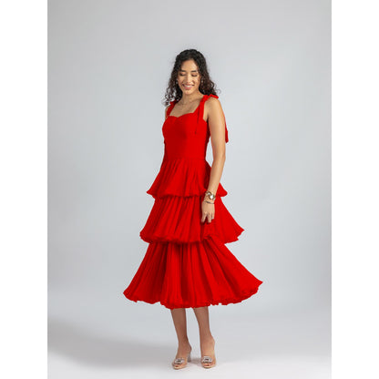 Torsha Strappy Red Ruffle Corset Tiered Midi Dress