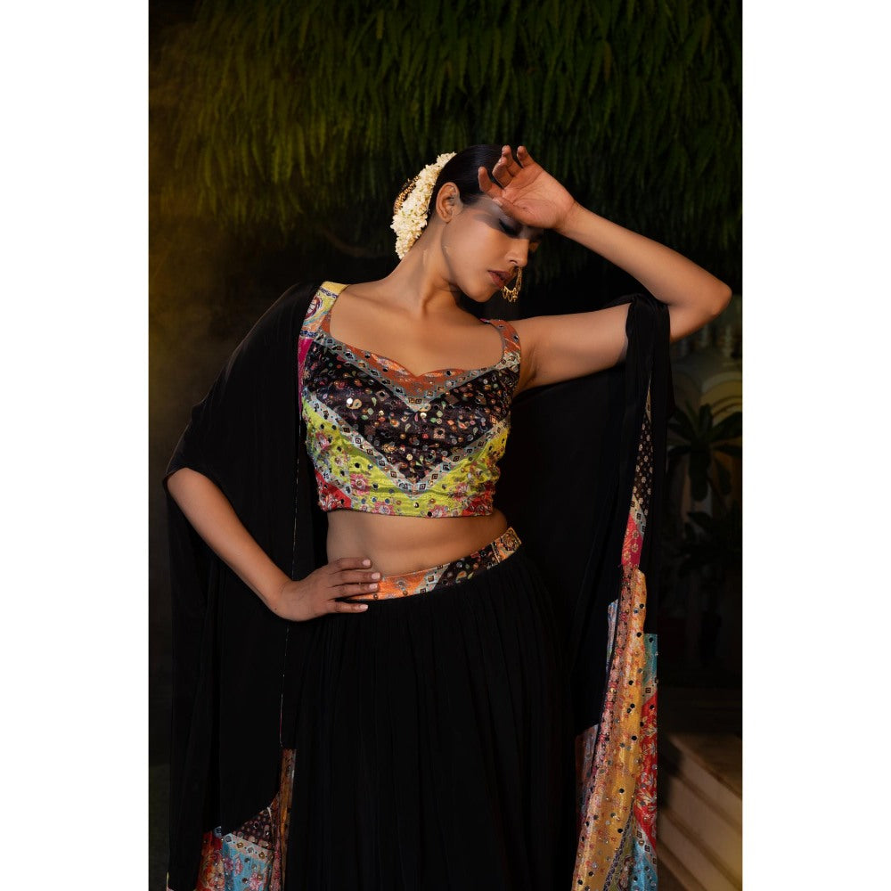 Tussya by Shreya Chitra Blue Cape with Blouse and Lehenga (Set of 3)