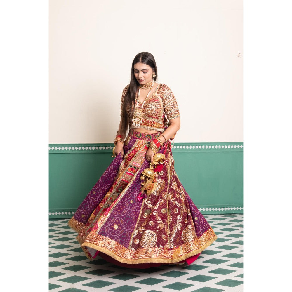 Tussya by Shreya Regal Multi-Color Orchid Bandhani Lehenga with Blouse and Dupatta (Set of 3)