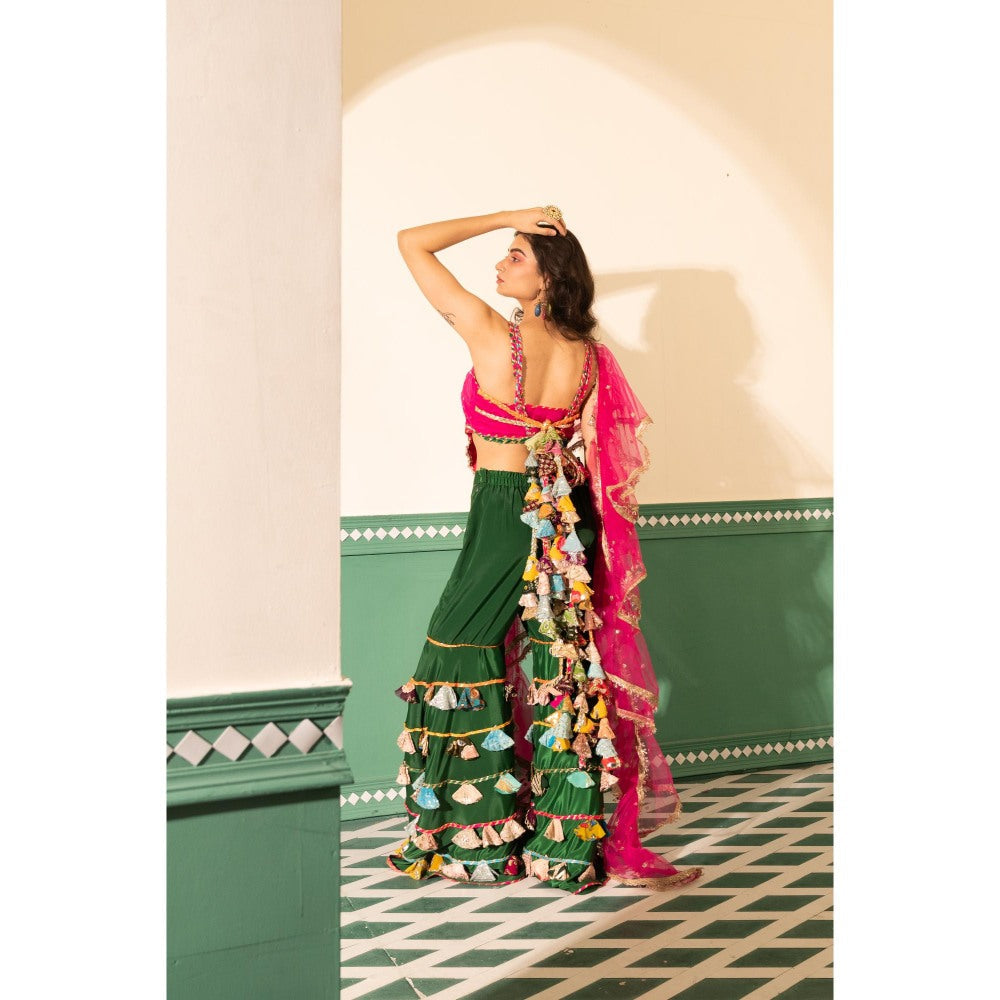 Tussya by Shreya Roohani Multi-Color Crop Top with Sharara and Dupatta (Set of 3)