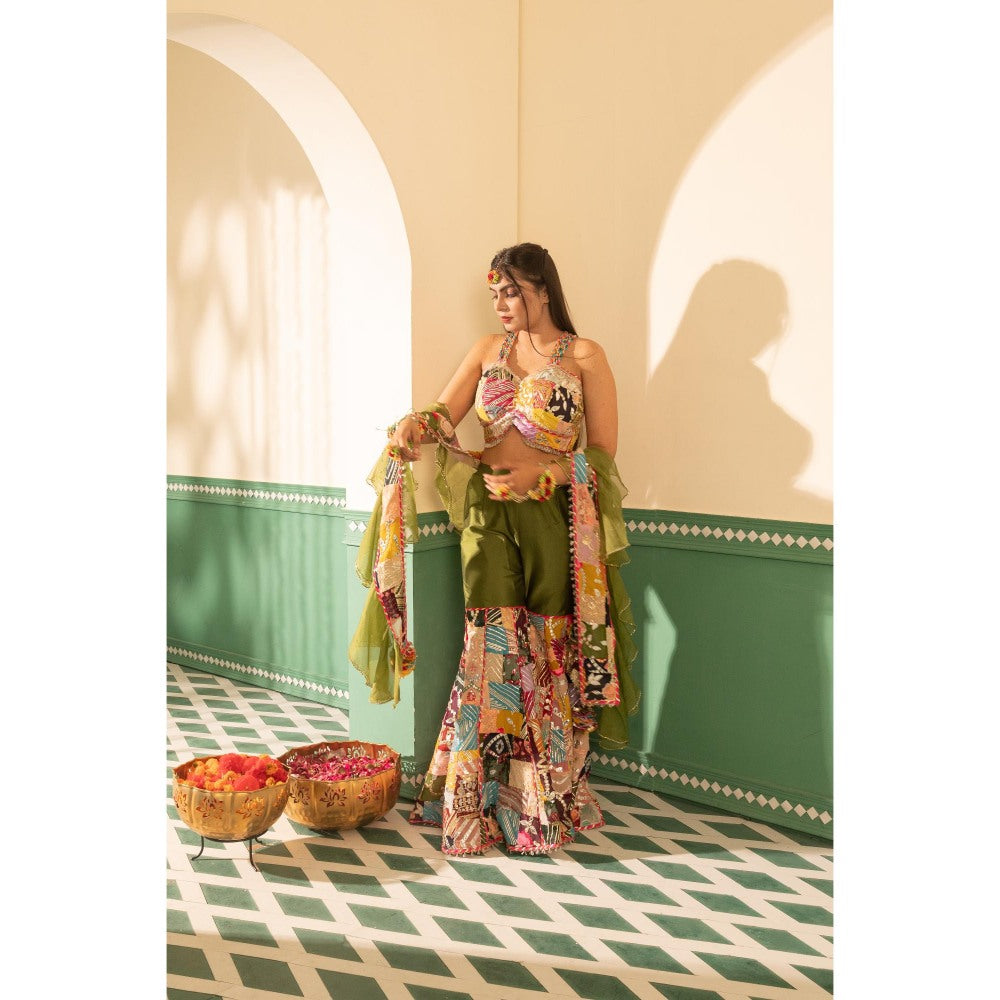 Tussya by Shreya Gotta Multi-Color Kinari Blouse with Sharara and Dupatta (Set of 3)