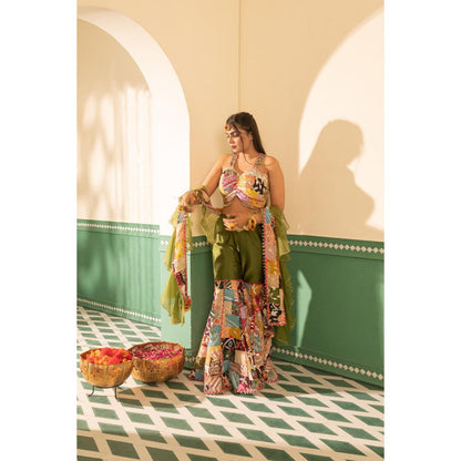 Tussya by Shreya Gotta Multi-Color Kinari Blouse with Sharara and Dupatta (Set of 3)