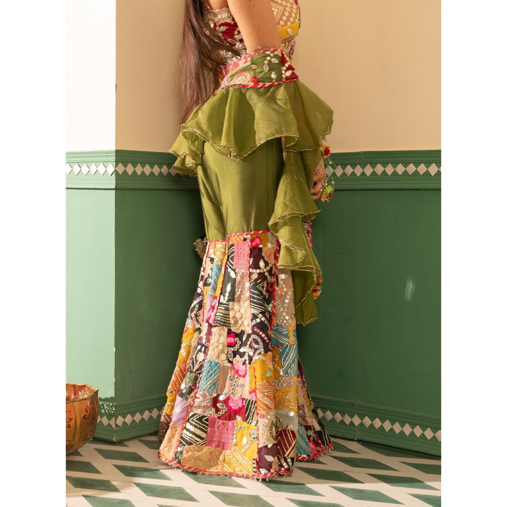 Tussya by Shreya Gotta Multi-Color Kinari Blouse with Sharara and Dupatta (Set of 3)