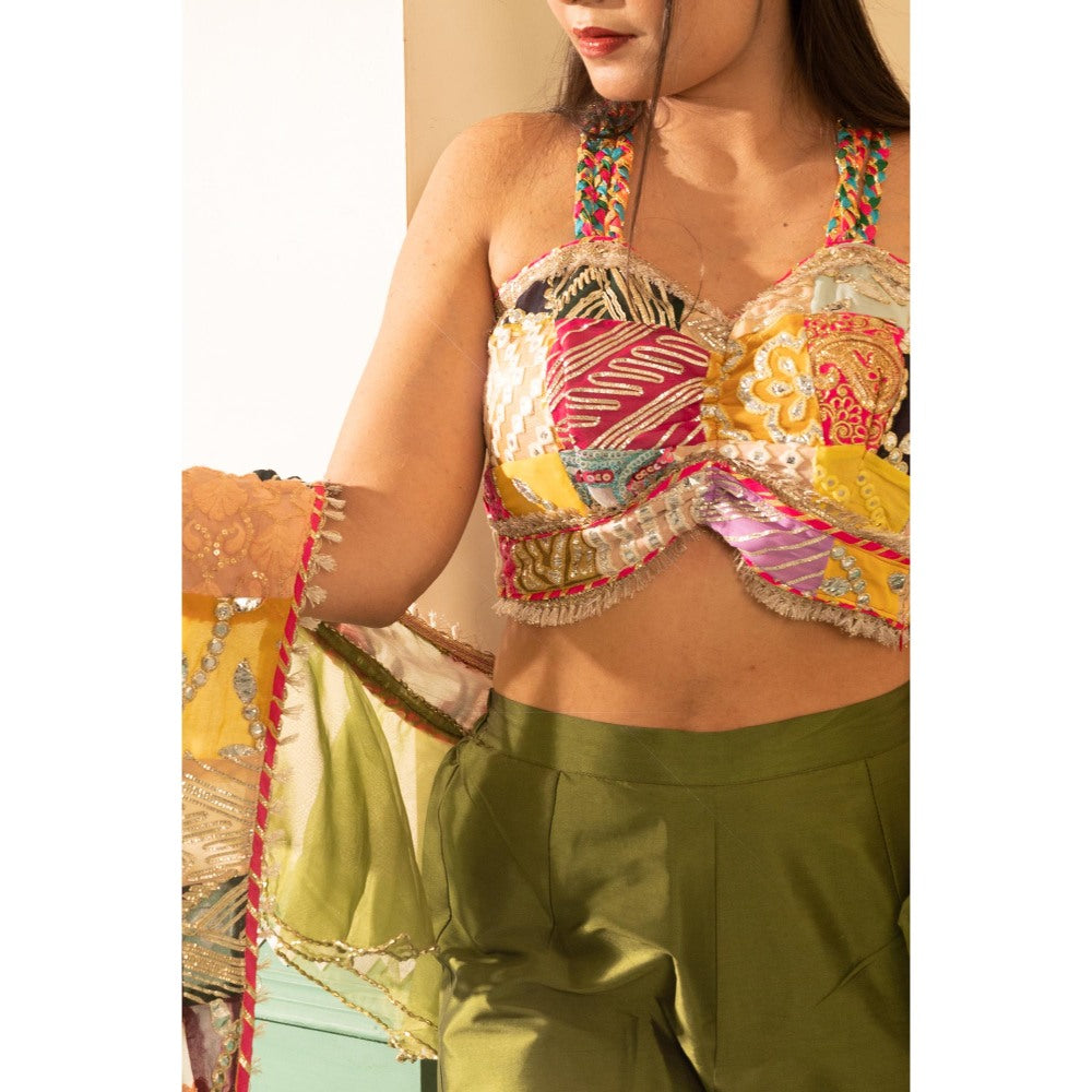 Tussya by Shreya Gotta Multi-Color Kinari Blouse with Sharara and Dupatta (Set of 3)