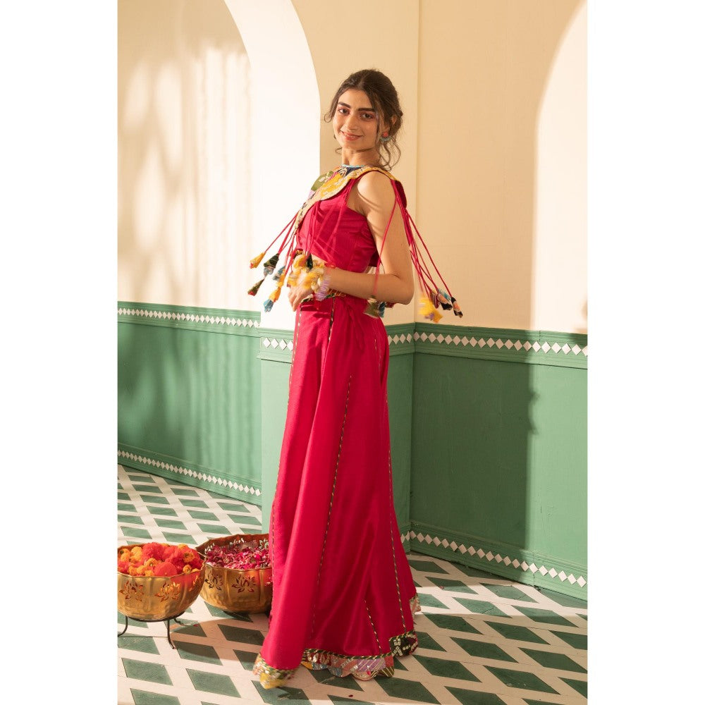 Tussya by Shreya Fuchsia Pink Flair Blouse with Palazzo and Cape (Set of 3)