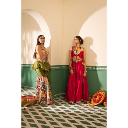 Tussya by Shreya Fuchsia Pink Flair Blouse with Palazzo and Cape (Set of 3)