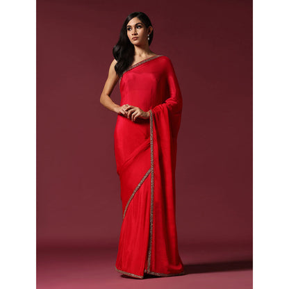 "Two Sisters" by Gyans Eternal Gold Embroidery Red Saree With Stitched Blouse