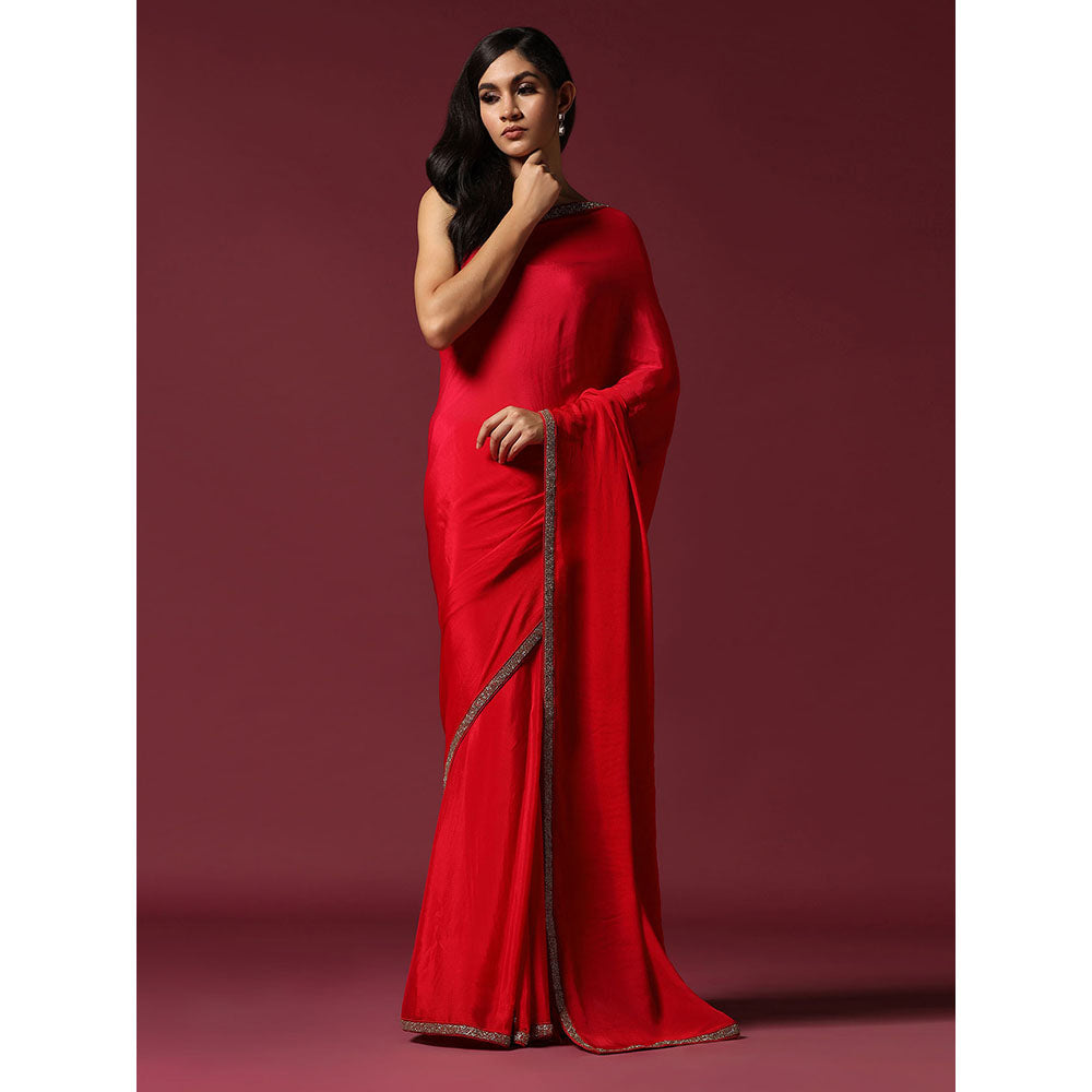 "Two Sisters" by Gyans Eternal Gold Embroidery Red Saree With Stitched Blouse