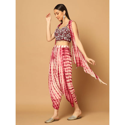 "Two Sisters" by Gyans Maroon Tie & Dye Dhoti Cape Set (Set of 3)