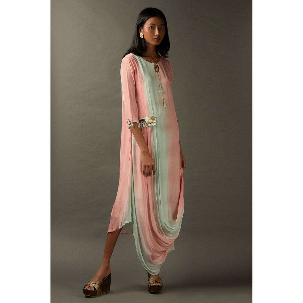 "Two Sisters" by Gyans Pastel Pink & Blue Georgette Embroidered Draped Dress
