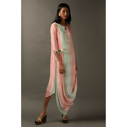 "Two Sisters" by Gyans Pastel Pink & Blue Georgette Embroidered Draped Dress