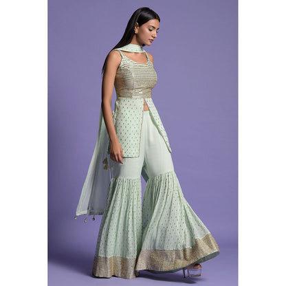 "Two Sisters" by Gyans Pista Green Georgette Embroidered Gharara Set (Set of 3)